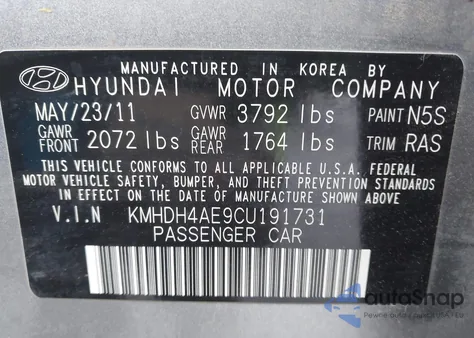 2012 Hyundai Elantra Limited (Ulsan Plant) z USA, uszkodzony, nr VIN KMHDH4AE9CU191731